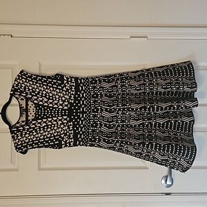 Muse Black Beige Jacquard A-Line Fit & Flare Dress